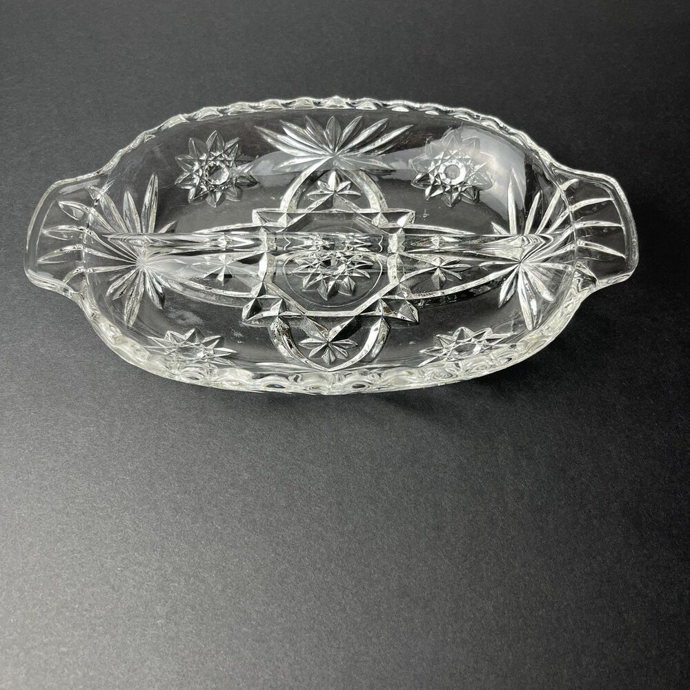 Vtg Anchor Hocking Glass Oval Divided Relish Dish Star of David Tablescape Decor